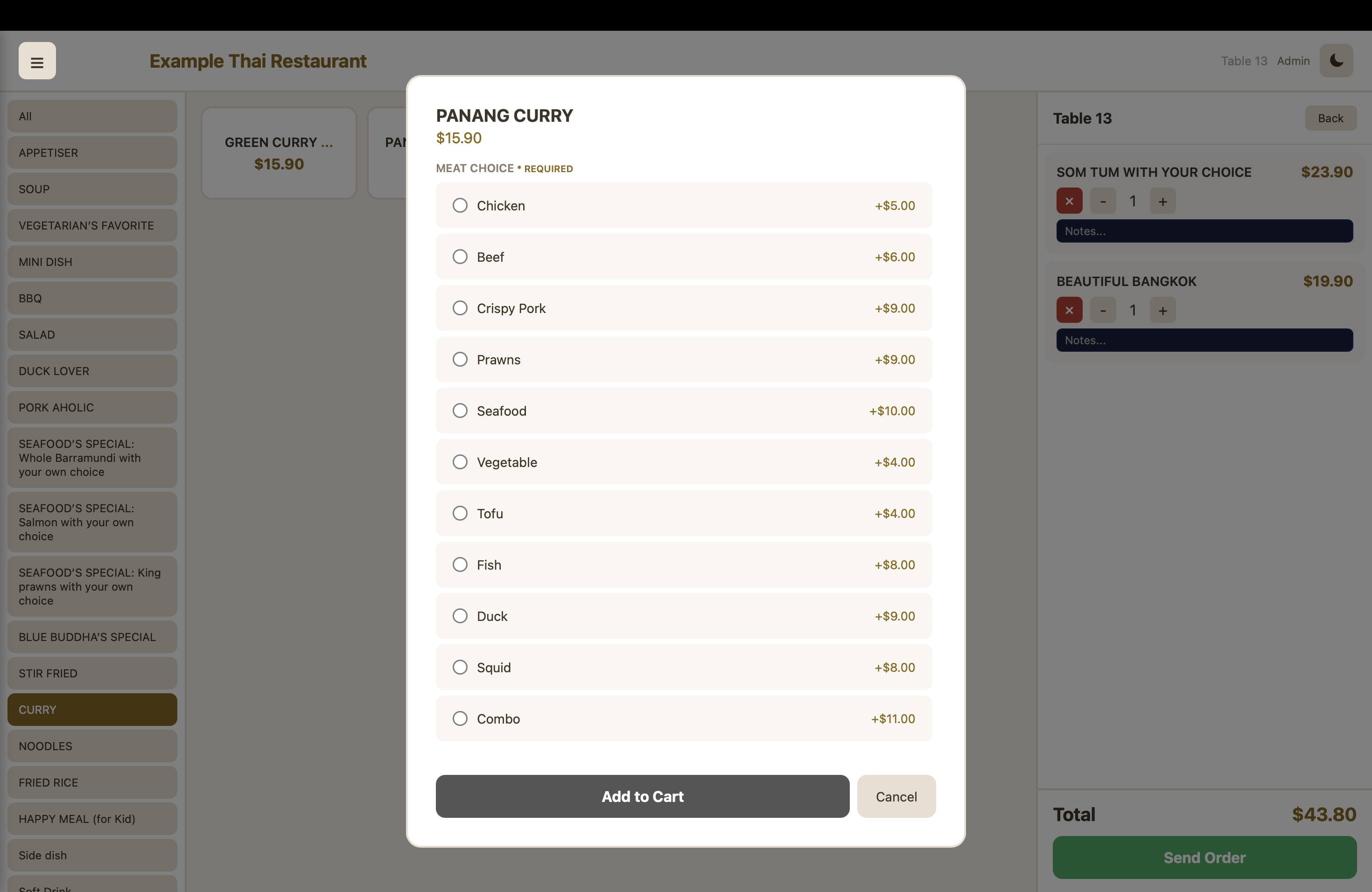 EzyOrder restaurant POS screen with menu, modifier dialog and live table order panel