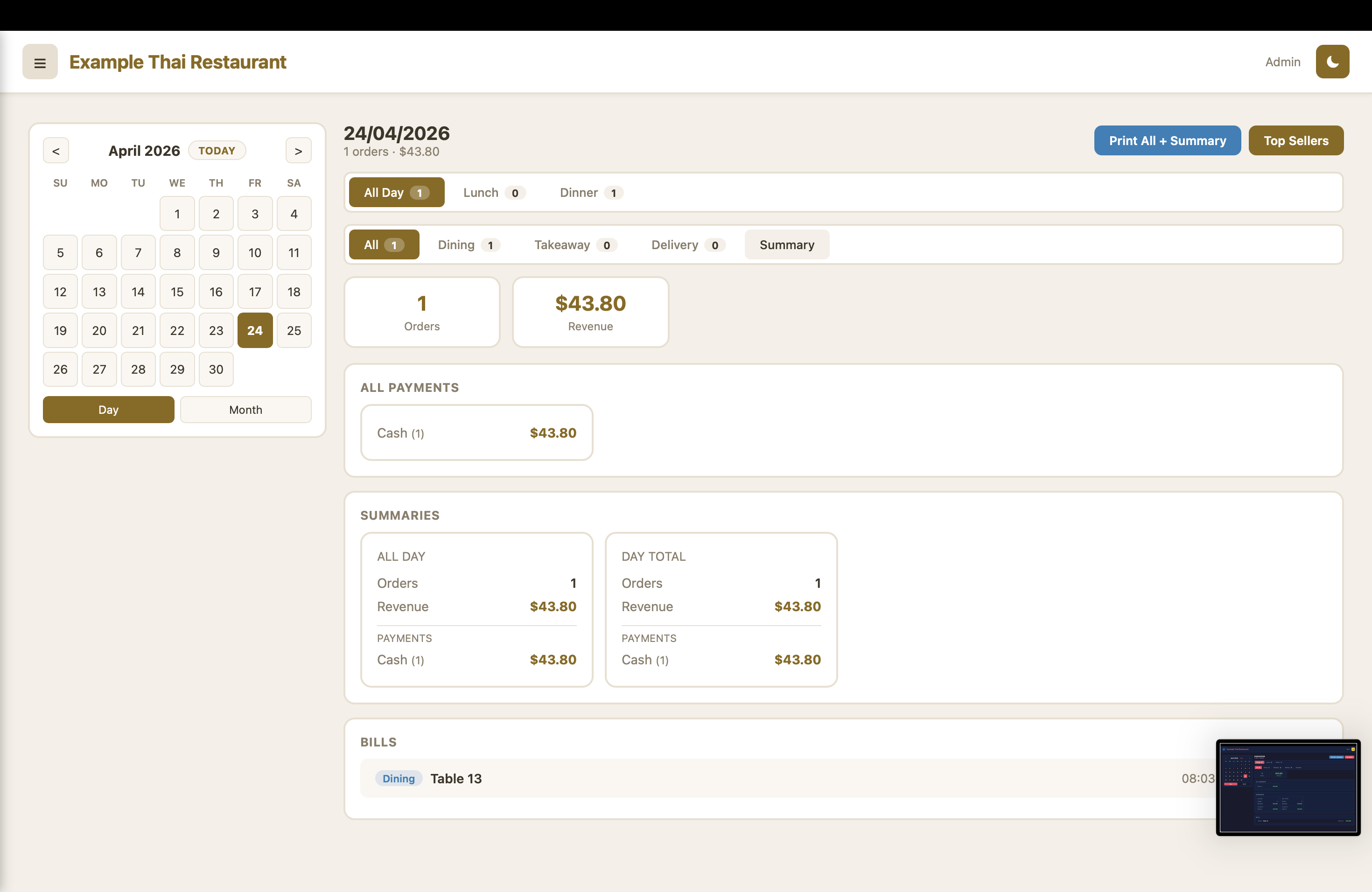 EzyOrder sales report dashboard with daily totals and best sellers