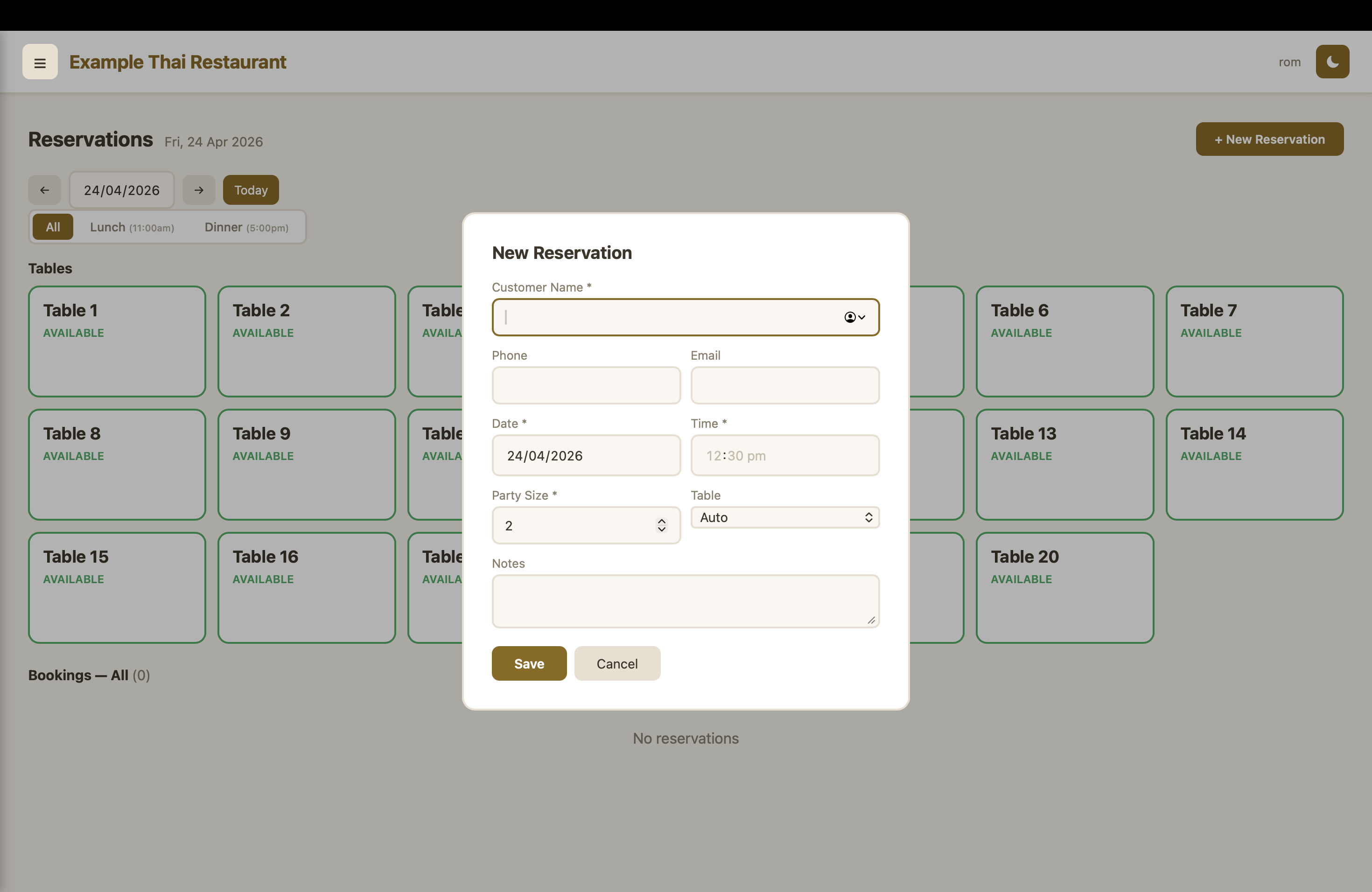 EzyOrder reservations management screen with customer bookings