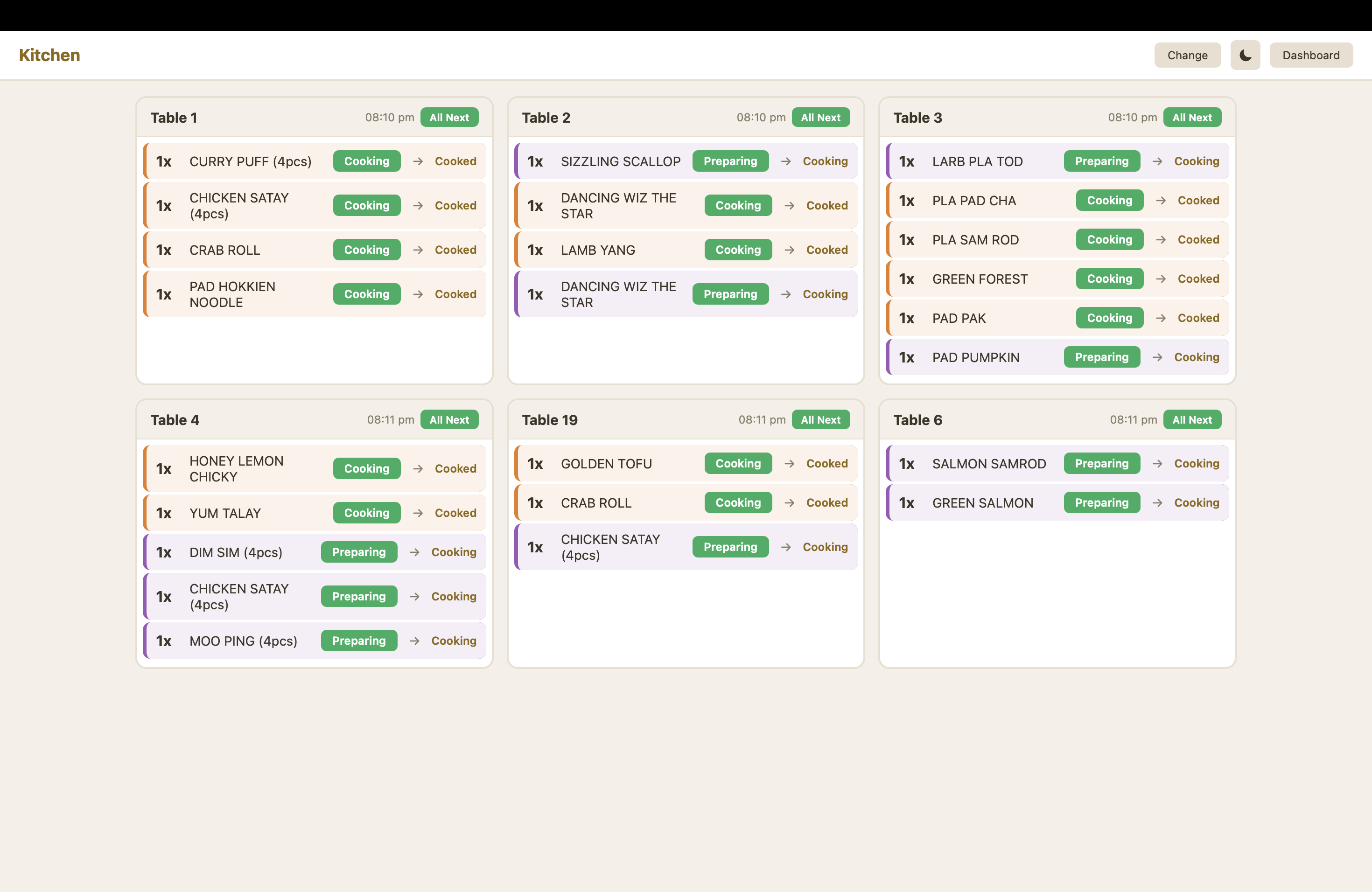 EzyOrder Kitchen Display showing live tickets grouped by table with cooking status
